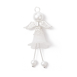 Серебро Подвески матовым акриловым, ангел, с фурнитурой из сплава и стеклянными жемчужными бусинами, серебряные, 47.5x22.5x17.5 мм, отверстие : 3 мм