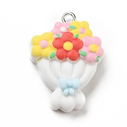 White Opaque Resin Pendants, Bouquet Charm, with Platinum Tone Iron Loops, White, 28.5x20.5x9mm, Hole: 2x2.7mm