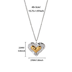 Corazón Collares colgantes de acero inoxidable bicolor, acero color oro y acero, corazón, 304 pulgada (15.75 cm), colgante: 40 mm