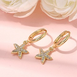Настоящее золото 18K Серьги-кольца в форме морской звезды из латуни с микропаве и прозрачными кубическими циркониями, долговечный, стойки покрытие, без свинца и без кадмия, реальный 18 k позолоченный, 27x10.5 мм