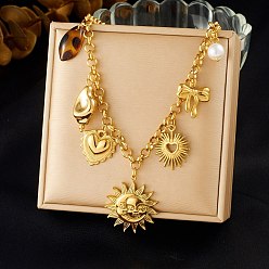 Sun 304 Stainless Steel & Resin & Imitation Pearl Multi-Pendant Bib Necklaces for Women, Golden, Sun, 17.91 inch(45.5cm)