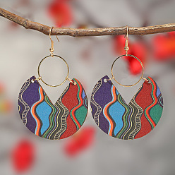 Разноцветный Серьги-подвески из латуни и окрашенного распылением дерева в богемном стиле, плоско-круглые, красочный, 71x45 мм