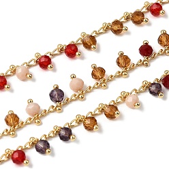 Настоящее золото 18K Цепочки ручной работы из латуни с покрытием из настоящего золота 18k, с кисточкой из граненых круглых стеклянных бусин, пайки, красочный, реальный 18 k позолоченный, 6.5x3.5 мм