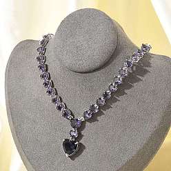 Индиго Латунные кубического циркония сердце кулон ожерелья, без кадмия и без свинца, долговечный, стойки покрытие, платина, индиговые, 14.57 дюйм (37 см)