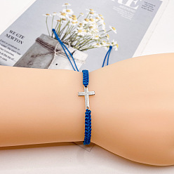 Синий Сплав браслеты с поперечными связями для мужчин и женщин, с нейлоновым плетеным шнуром, платина, синие, 5-7/8~12-5/8 дюйм (15~32 см)