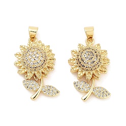 Настоящее золото 18K Покрытие стойки латунь микропаве прозрачные подвески из кубического циркония, долговечный, без свинца и без кадмия, подсолнечник, реальный 18 k позолоченный, 25.5x15.5x8.5 мм, отверстие : 5x3.5 мм