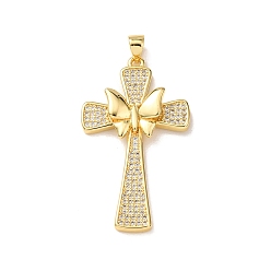 Золотой Латунные микропаве прозрачные подвески с фианитом, крест с подвесками в виде бабочек, золотые, 41x23.5x5 мм, отверстие : 5x3.5 мм