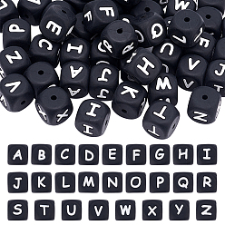 Black 52Pcs 26 Style Silicone Beads, Cube with Letter, Black, 12x12x12mm, Hole: 2mm, 2pcs/style