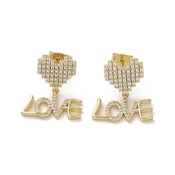 Real 16K Gold Plated Brass Micro Pave Cubic Zirconia Dangle Stud Earrings, Heart with Word Love, Real 16K Gold Plated, 23x18.5mm