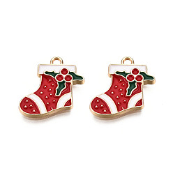 Red Golden Plated Alloy Enamel Pendants, for Christmas, Christmas Sock, Cadmium Free & Lead Free, Red, 19x17.5x2.5mm, Hole: 2mm