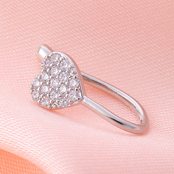 Сердце Латунные микро-паве прозрачные кубические цирконии клипсы на носовые кольца, платина, сердце, 12 мм, штифты : 0.6 мм