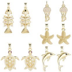 Настоящее золото 18K 10 шт 5 стили латунные подвески из микропаве с фианитом, разнообразные, реальный 18 k позолоченный, 16.5~28.5x8~18.5x2.5~3.5 мм, отверстие : 3~5x2~3 мм, 2 шт / стиль