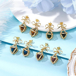 (52) Непрозрачная лаванда Серьги-гвоздики с бантом из натурального тигрового глаза, с латунными серьгами, золотые, разноцветные, 25x15 мм