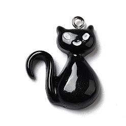 Black Halloween Opaque Resin Pendants, with Platinum Tone Iron Loops, Cat, Black, 28x21x6mm, Hole: 2mm