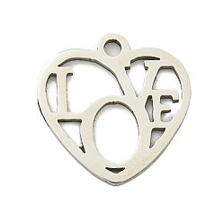 Нержавеющая Сталь Цвет Не тускнеющие 201 подвески из нержавеющей стали, сердце со словом любовь очарование, лазерная резка, цвет нержавеющей стали, 14x14x1 мм, отверстие : 1.5 мм