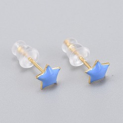 Kornblumenblau Messing-Emaille-Ohrstecker, mit Kunststoff-Ohrmuttern, langlebig überzogen, Stern, echt 18 k vergoldet, Kornblumenblau, 6x6 mm, Stift: 0.8 mm