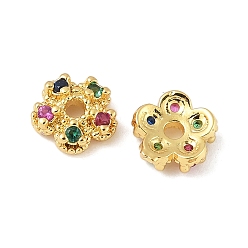 Настоящее золото 18K Латунные колпачки для бусин с микропаве и разноцветными фианитами, 5-лепестков цветка, реальный 18 k позолоченный, 6.5x2.5 мм, отверстие : 1.4 мм