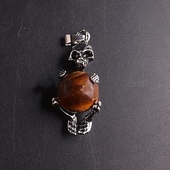 Tiger Eye Natural Tiger Eye Sphere Ball Pendants, Halloween Skeleton Metal Charms, Platinum, 16mm
