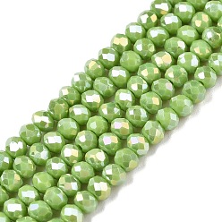Светло-зеленый Коричневый Стеклянные бусины с гальваническим покрытием , непрозрачный сплошной цвет, с покрытием AB цвета, граненые, рондель, оливковый, 3.5~3.8x3 мм, отверстие : 0.4 мм, около 105~110 шт / нитка, 29~31 см
