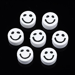 White Handmade Polymer Clay Beads, Flat Round with Smiling Face, White, 8~9x4mm, Hole: 1.5mm
