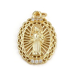 Oval Латунные микро проложить кубического циркония подвески, религиозная тема, Святой бенедикт, без кадмия и без свинца, реальный 18 k позолоченный, овальные, 21.5x15x3 мм, отверстие : 3 мм