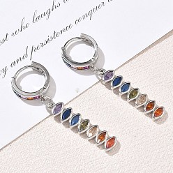 Platinum Brass Pave Cubic Zirconia Hoop Dangle Earrings, Horse Eye, Rack Plating, Long-Lasting Plated, Cadmium Free & Lead Free, Platinum, 45.5x6.2mm