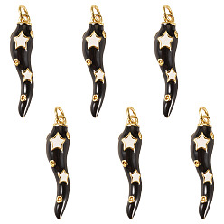 Черный 6 кулоны латунные эмалевые шт., реальный 18 k позолоченный, Рог изобилия со звездным узором, с целью перехода в кольце, чёрные, 26x6x6 мм, отверстие : 3.3 мм