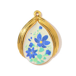 Озёрно--синий Печатные 304 подвески из нержавеющей стали, подвески-слезинки с цветочным узором, зеркальная полировка, ионное покрытие (ip), реальный 18 k позолоченный, Плут синий, 32x24 мм