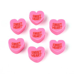 Ярко-Розовый Бусины из полимерной глины , сердце и слово, ярко-розовый, 7.5~9.5x8.5~10.5x3.5~5 мм, отверстие : 1.8~2 мм