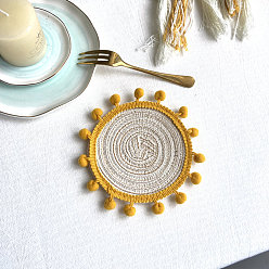 Goldenrod Cotton Macrame Cup Mats, Handmade Braided Coaster, Round, Goldenrod, 130mm