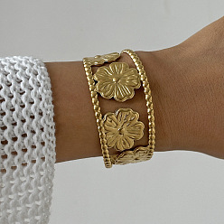 Цветок 304 из нержавеющей стали манжеты браслеты, широкие браслеты для женщин, реальный 18 k позолоченный, цветок, внутренний диаметр: 2-3/8 дюйм (6 см)