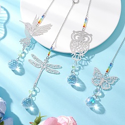 Mixed Shapes 4Pcs Glass Teardrop Hanging Suncatchers, Animal Stainless Steel Links for Outdoor & Garden Decor, Stainless Steel Color, Mixed Shapes, 225~262mm