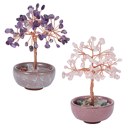 Смешанные камни 2 шт. 2 стили украшения из натурального аметиста и розового кварца в форме дерева жизни, фарфоровая основа с медной проволокой, фен-шуй энергетический камень подарок для домашнего офиса украшение рабочего стола, 62~72x62x95~105 мм, 1 шт / стиль