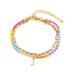 Letter J 304 Браслеты из нержавеющей стали с подвесками в виде букв, двухслойные, Эластичные браслеты из смоляных бусин для женщин, золотые, буква J, 6.50 дюйм (16.5 см) ~ 6.69 дюйм (17 см)