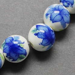 Royal Blue Handmade Printed Porcelain Beads, Round, Royal Blue, 12mm, Hole: 2mm