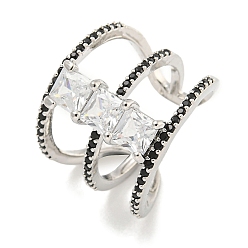 Платина Квадратная стойка с покрытием из латуни с микро-паве и кубическим цирконием, широкие открытые кольца-манжеты для женщин, без кадмия и без свинца, долговечный, платина, 18.5 мм, регулируемый