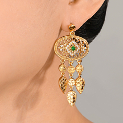 Зеленый Винтажные овальные серьги-гвоздики с подвесками из латуни с кубическим цирконием и каплевидной формой, золотые, зелёные, 61x28 мм