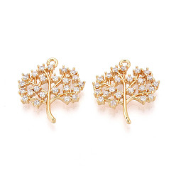 Настоящее золото 18K Латунные микропаве прозрачные подвески с фианитом, дерево, без никеля , реальный 18 k позолоченный, 21x19.5x3 мм, отверстие : 1.5 мм