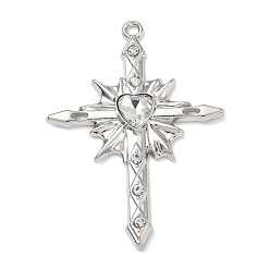 Crystal Alloy with Rhinestone Pendants, Cross with Heart Charms, Rack Plating, Cadmium Free & Nickel Free & Lead Free, Platinum, Crystal, 43.5x31.5x4mm, Hole: 1.8mm