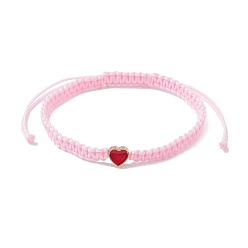 Pink Nylon Thread Braided Bead Adjustable Bracelets, with Alloy Enamel Heart, for Women, Pink, Inner Diameter: 2-3/8~4-1/8 inch(6.1~10.6cm)