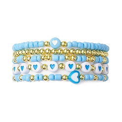 Light Sky Blue 5Pcs 5 Styles Heart Acrylic & Glass Seed Beaded Stretch Bracelet Sets, Stackable Bracelets for Women, Light Sky Blue, Inner Diameter: 2~2-3/8 inch(5.2cm), 1pc/style