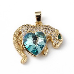 Pale Turquoise Real 18K Gold Plated Rack Plating Brass Micro Pave Clear Cubic Zirconia Pendants, with Glass, Long-Lasting Plated, Cadmium Free & Lead Free, Leopard with Heart Charm, Pale Turquoise, 24.5x25x8.2mm, Hole: 5x3.2mm