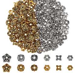 Античный Серебрянный & Античный Золотой 240шт 12 стили колпачки из сплава в тибетском стиле, цветок, старинное серебро и античный золотой, 6~10x6~10x2~4.5 мм, отверстие : 1~2 мм, 20 шт / стиль