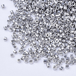 Silver Electroplate Glass Cylinder Beads, Seed Beads, Round Hole, Metallic Colours, Silver, 1.5~2x1~2mm, Hole: 0.8mm, about 8000pcs/bag, about 85~95g/bag