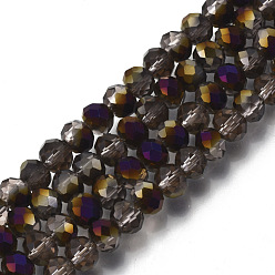 Светло-коричневый Гальванизируйте прозрачное стекло бисер нитей, с половиным покрытием цвета радуги, граненые, рондель, загар, 8x6 мм, отверстие : 1 мм, около 60~62 шт / нитка, 39~40 см