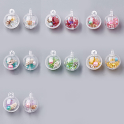 Mixed Color Openable Plastic Pendants, with ABS Plastic Imitation Pearl, Resin Rhinestones and Shell Beads Inside, Round, Mixed Color, 25.5x20mm, Hole: 2mm