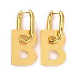 Golden Initial Brass Dangle Hoop Earrings, Letter B Drop Earrings for Women, Golden, 26.5x19x2mm, Pin: 0.7mm