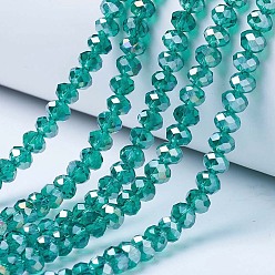 Meergrün Galvanisieren Glasperlen, ab Farbe plattiert, facettiert, Rondell, Meergrün, 6x5 mm, Bohrung: 1 mm, ca. 80~85 Stk. / Strang, 38~40 cm