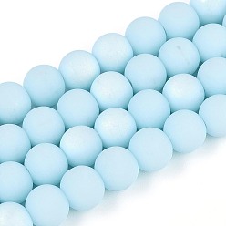 Светло-Голубой Матовые непрозрачные стеклянные бусы пряди, круглые, с половиным покрытием, с покрытием AB цвета, Небесно-голубой, 8~8.5 мм, отверстие : 1 мм, около 51~53 шт / нитка, 14.57~15.35 дюйм (37~39 см)