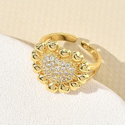 Golden Brass Micro Pave Cubic Zirconia Cuff Open Rings for Women, Heart, Long-Lasting Plated, Rack Plating, Lead Free & Cadmium Free, Golden, 18mm, Heart: 18x20mm